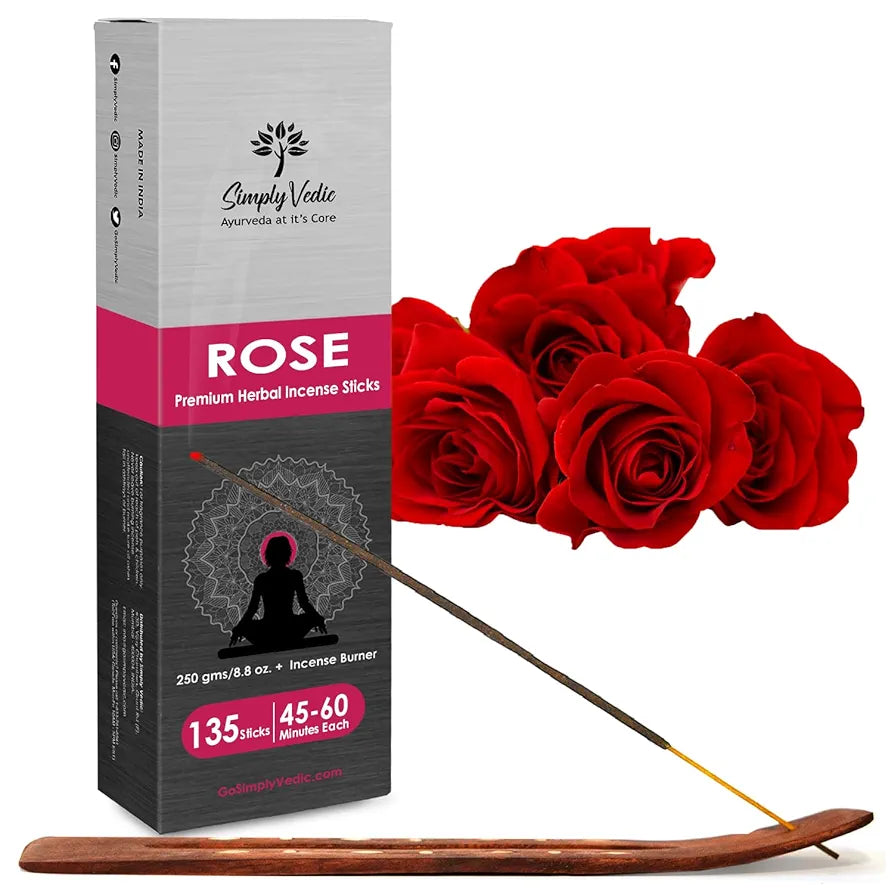 Simply Vedic Rose Incense Sticks with Holder – 135 Hand-Rolled Agarbatti