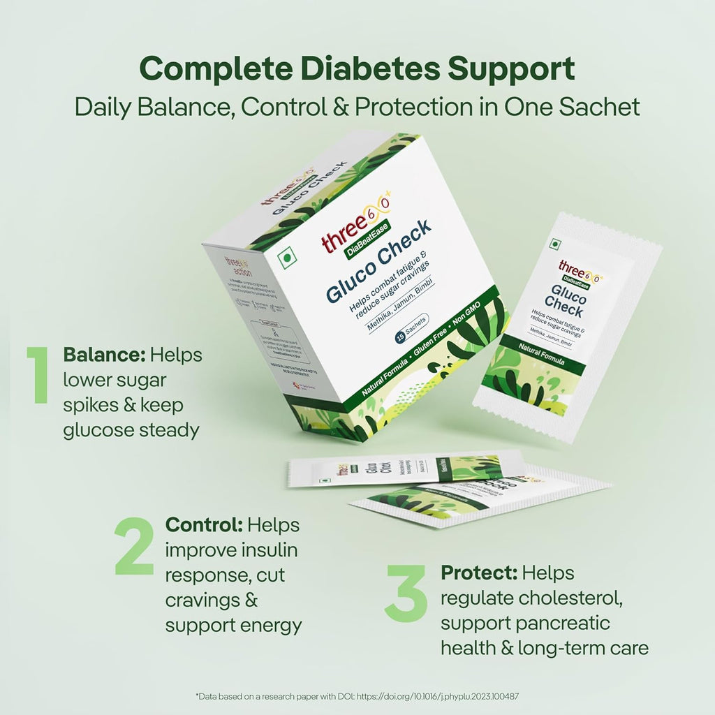 three60+ Gluco Check Powder | Diabetic Care & Diabetes Control Powder | Clinically Proven Diabetic Supplement for Blood Sugar Level | Better than Juice with Only Jamun, Karela | Natural, Non-GMO, Gluten Free | 15 Sachets | 15 Day Pack (Pack of 1)