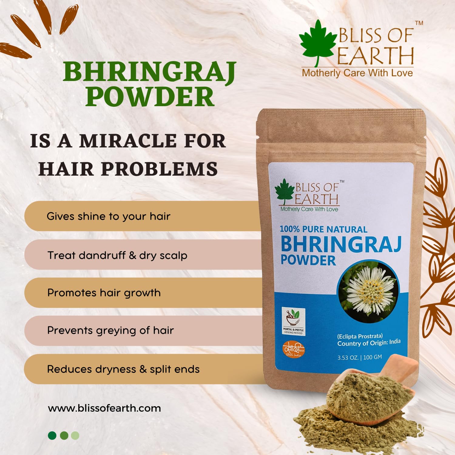 Bliss of Earth Bhringraj Powder for Hair Growth, Herbal Great for Hair Mask, Hair Grow & Skin Care 100gm