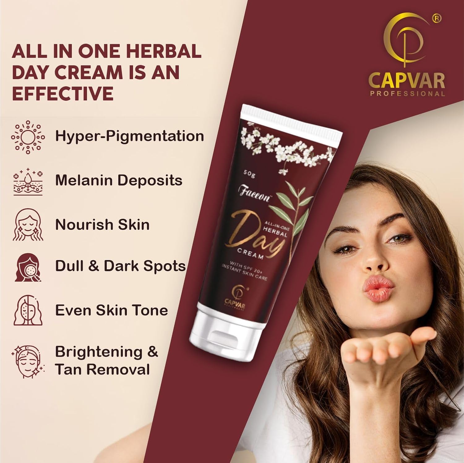 Faceon All In One Herbal Day Cream 50gm With SPF 20+ Instant Skin Care | Paraben and Sulphate Free | Normal, Oily, Dry and Combination Skin l