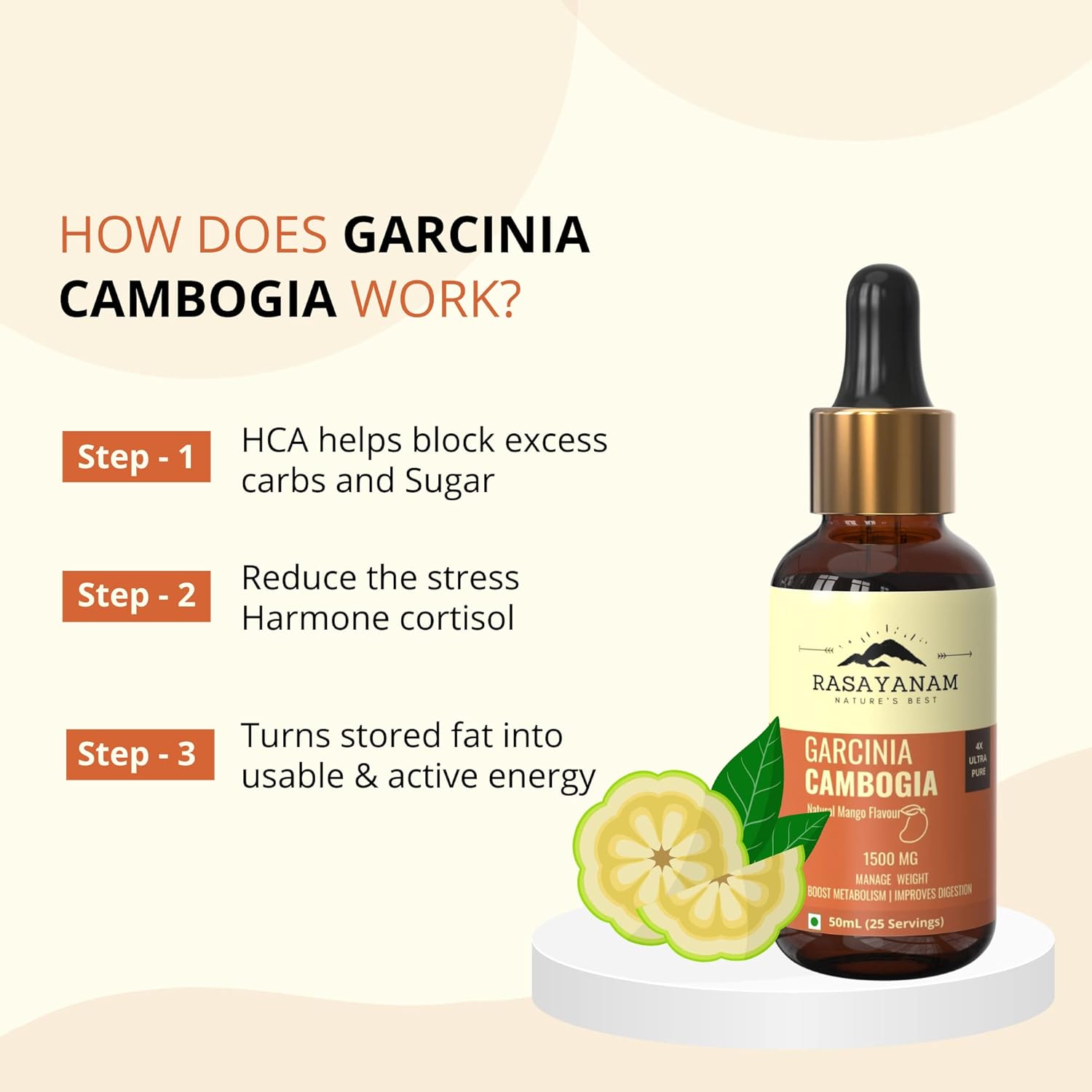 Rasayanam Garcinia Cambogia 1500mg (50 ml mango flavor) | Advance Keto weight loss & fat burn supplement for men & women | Stronger Than Pills & Capsules (80% HCA) | 4X Concentrated Liquid formulation