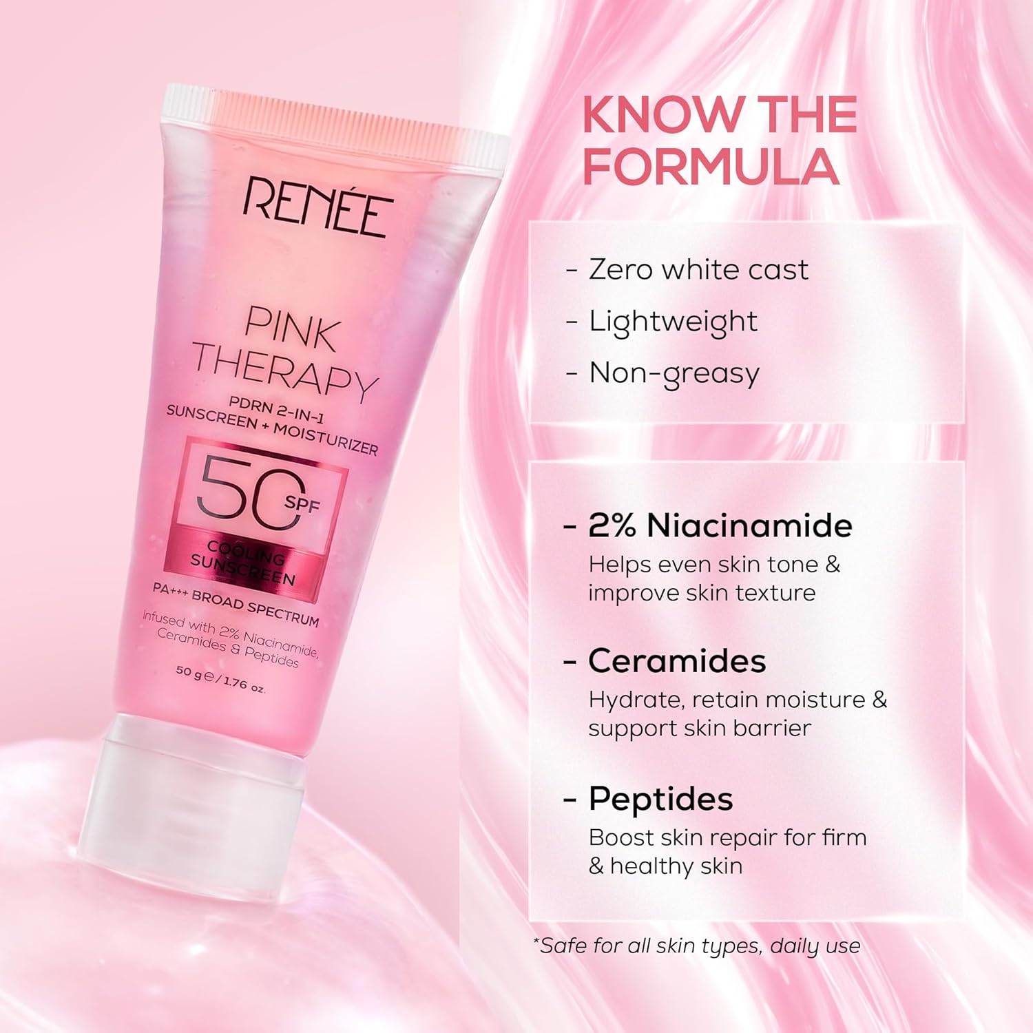 RENEE Pink Therapy PDRN 2-in-1 Sunscreen + Moisturizer SPF 50 PA+++ | In-Vivo Tested | with Niacinamide | Broad Spectrum UVA & UVB Protection | No Visible White Cast | Evens Skin Tone | 50g