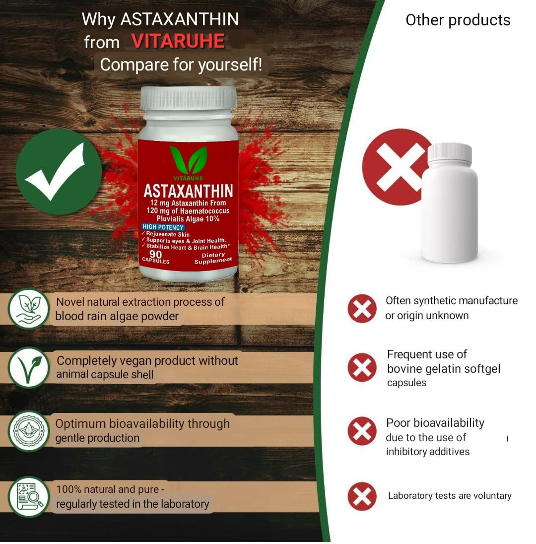 VITARUHEÂ® Astaxanthin Supplement High Dose & Vegan, 12 mg Natural Astaxanthin Powder from Blood Rain Algae, 90 Capsules for 3 Months, No Additives