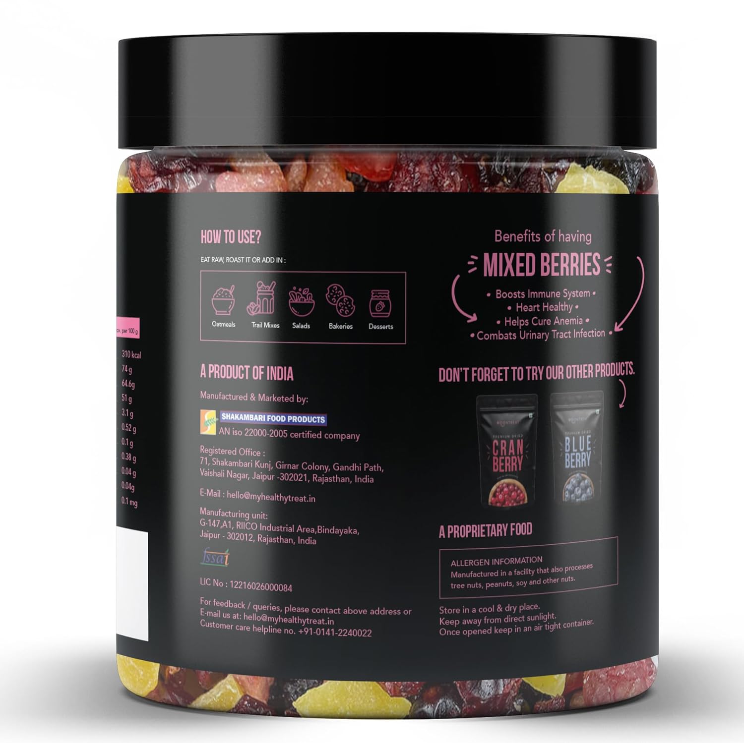 Moontreat Premium Mixed Berries, Unsalted, 360 gm (Dried Blueberry, Cranberry, Black Currant, Strawberry, Cherry, Mango, Raisin) | Dried Berries | Antioxidant Rich | Healthy Snack for Kids and Adults