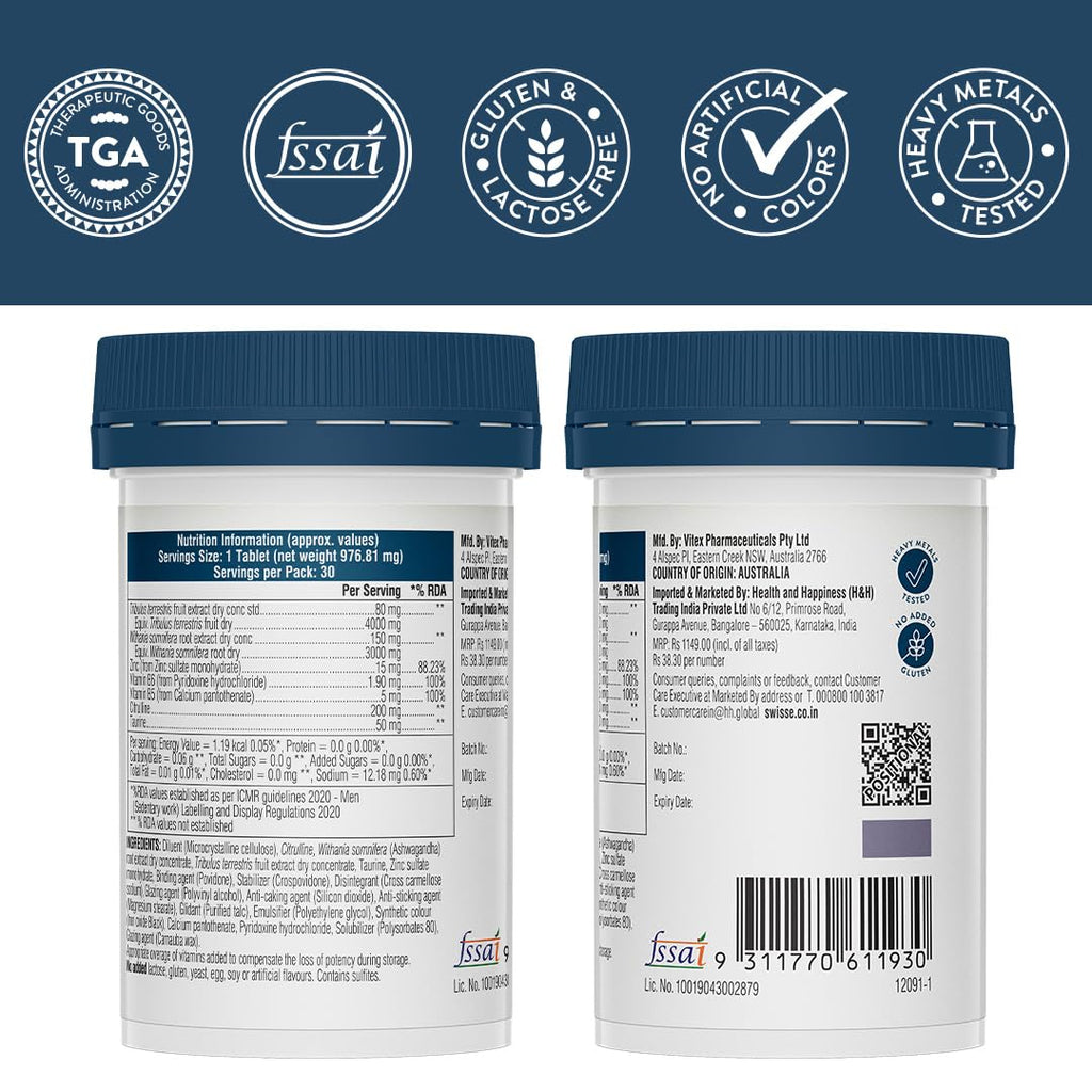 Swisse Menâ€™s Endurance Boost with 150mg Ashwagandha, 80mg Tribulus Terrestris (Gokshura) & Taurine for Performance Boost - Manufactured in Australia - Boosts Strength & Performance (30 Tablets)