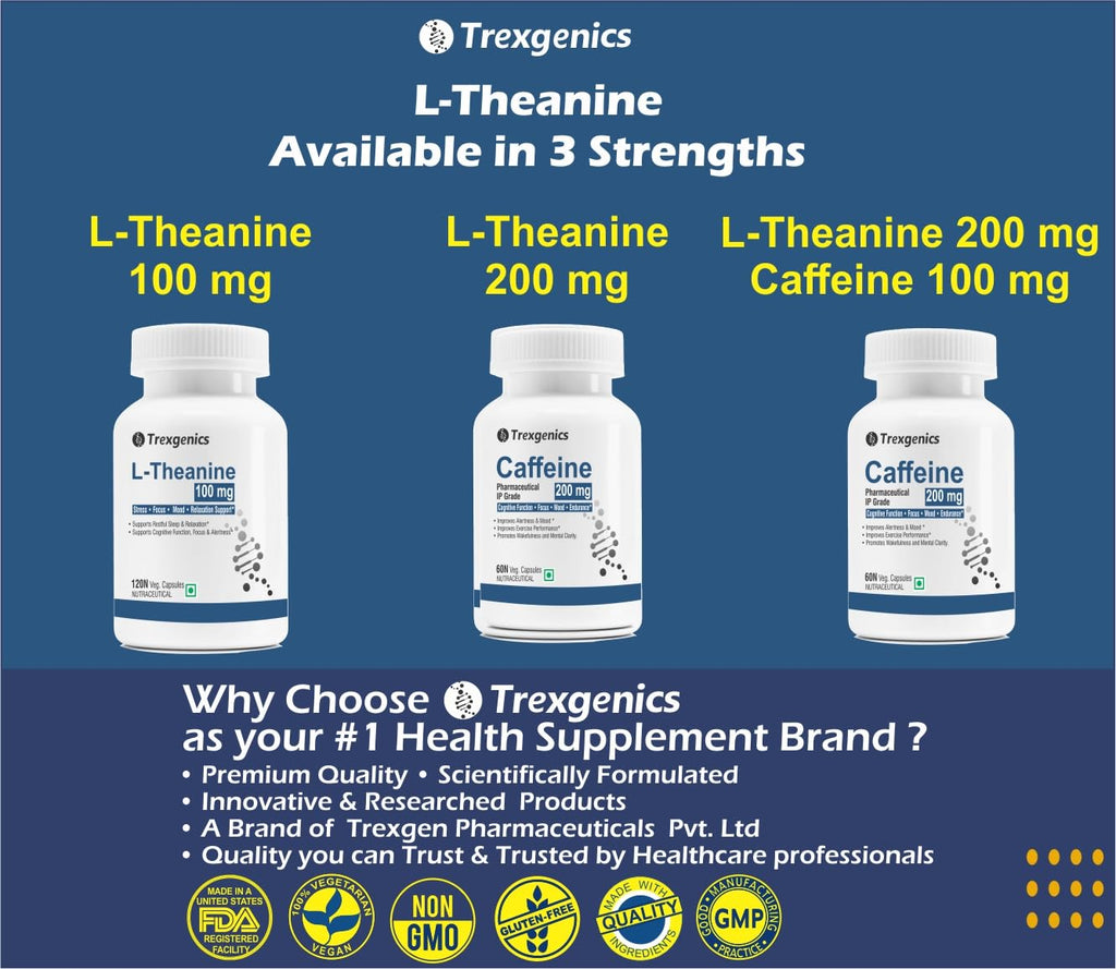 Trexgenics L-THEANINE 200 mg, Double strength Stress, Focus, Mood, Relaxation Support (60 Veg Capsules)
