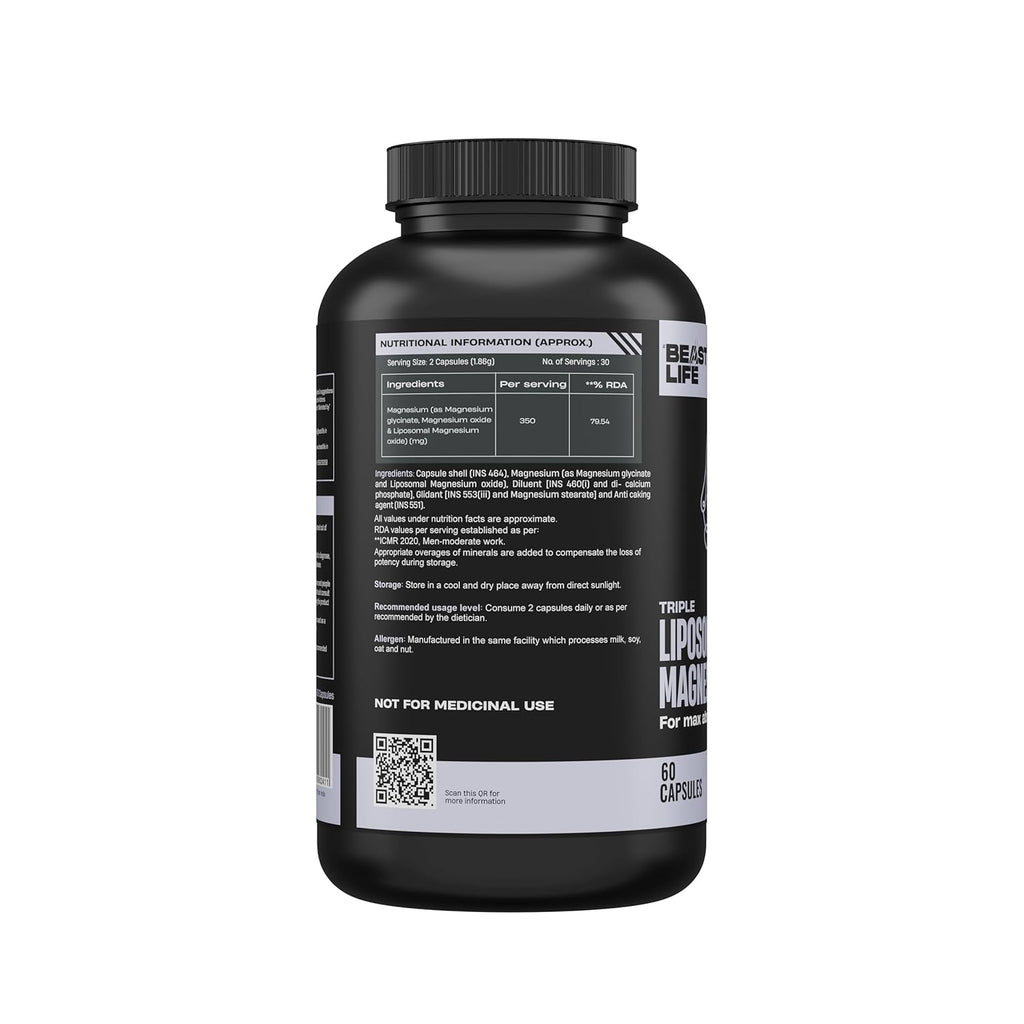 BeastLife Triple Liposomal Magnesium | 3-in-1 Formula with Magnesium Glycinate, Magnesium Oxide & Liposomal Magnesium Oxide | Maximum Absorption | Supports Sleep, Stress & Mood | Muscle, Bone & Nerve Health | 60 Capsules