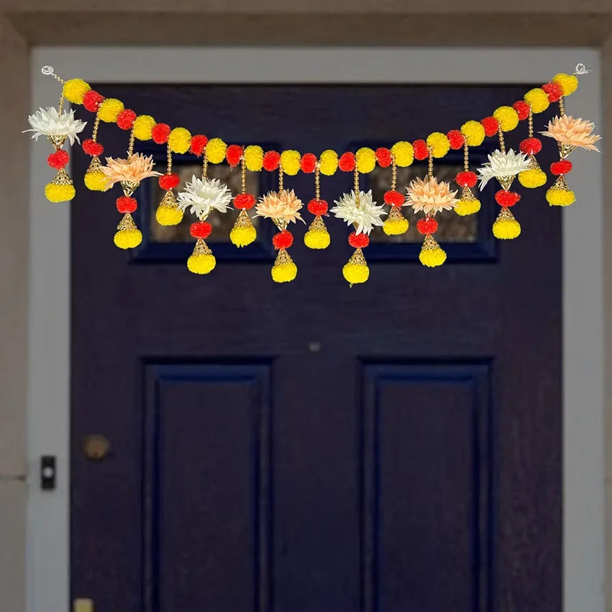 Handcrafted Decorative Bandanwar with Marigold Artificial Flowers Bells & Beads 40x9 Inches
