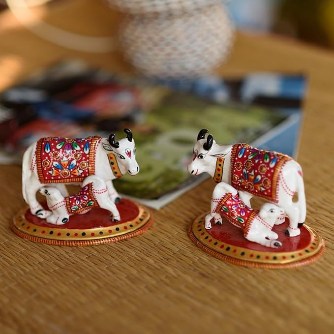 Ecraftindia Meenakari Cow and Calf Metal Figurine | Red and Black | Set of 2
