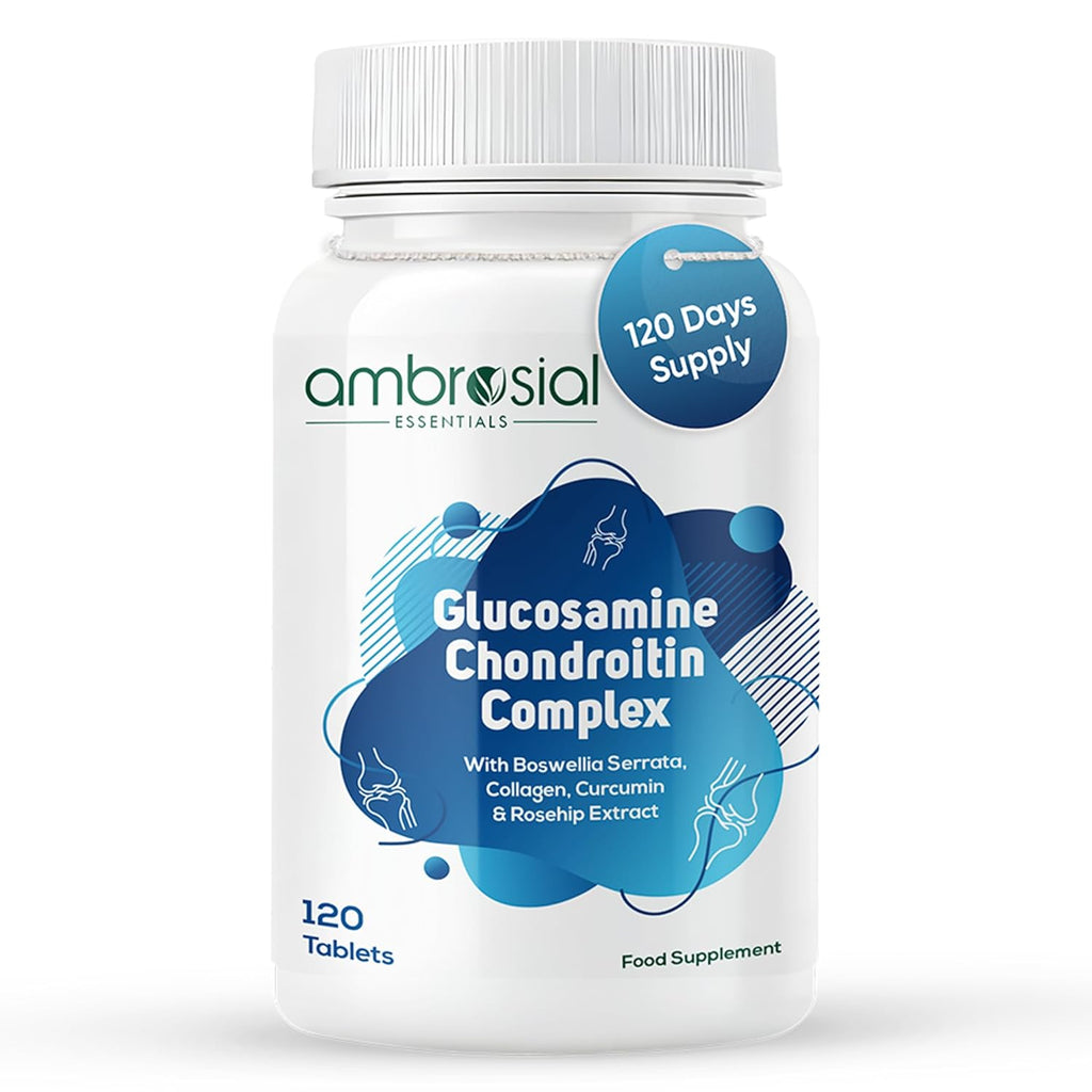Ambrosial Glucosamine Chondroitin Joint Care Supplement with Curcumin, Collagen, Boswellia & Rosehip Extracts | High Strength Glucosamine Chondroitin for High Mobility & Flexibility | 120 Tablets