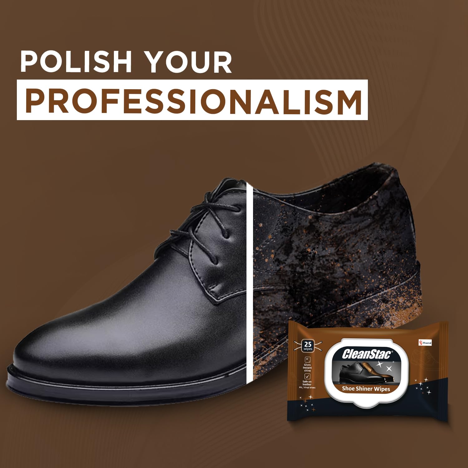 Formal Shoe Shiner Wipes | 75 Count, Brown | Packet with Lid | Instant Shine for Leather & Formal Shoes
