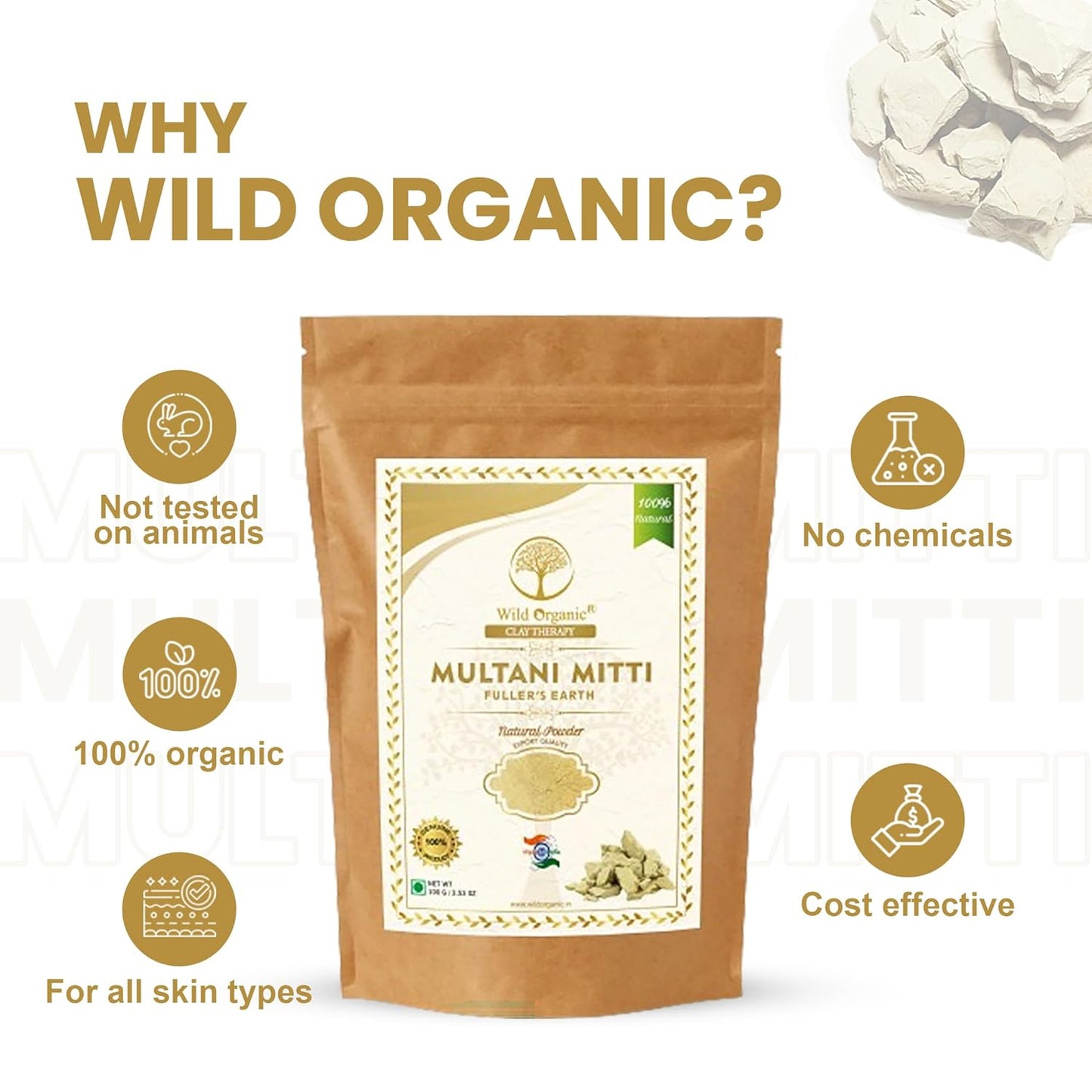 Wild Organic 100% Natural Multani Mitti Fuller Earth Powder - 100 gms