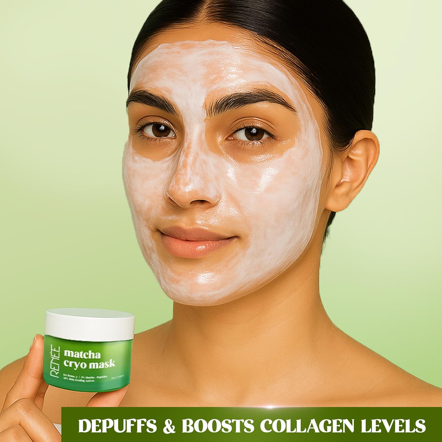 RENEE Matcha Cryo Face Cooling Mask | 45% Cooling Actives- Aloe Vera, Cica & Peptides | Depuffs, Hydrates, Refreshes Skin | 45 g