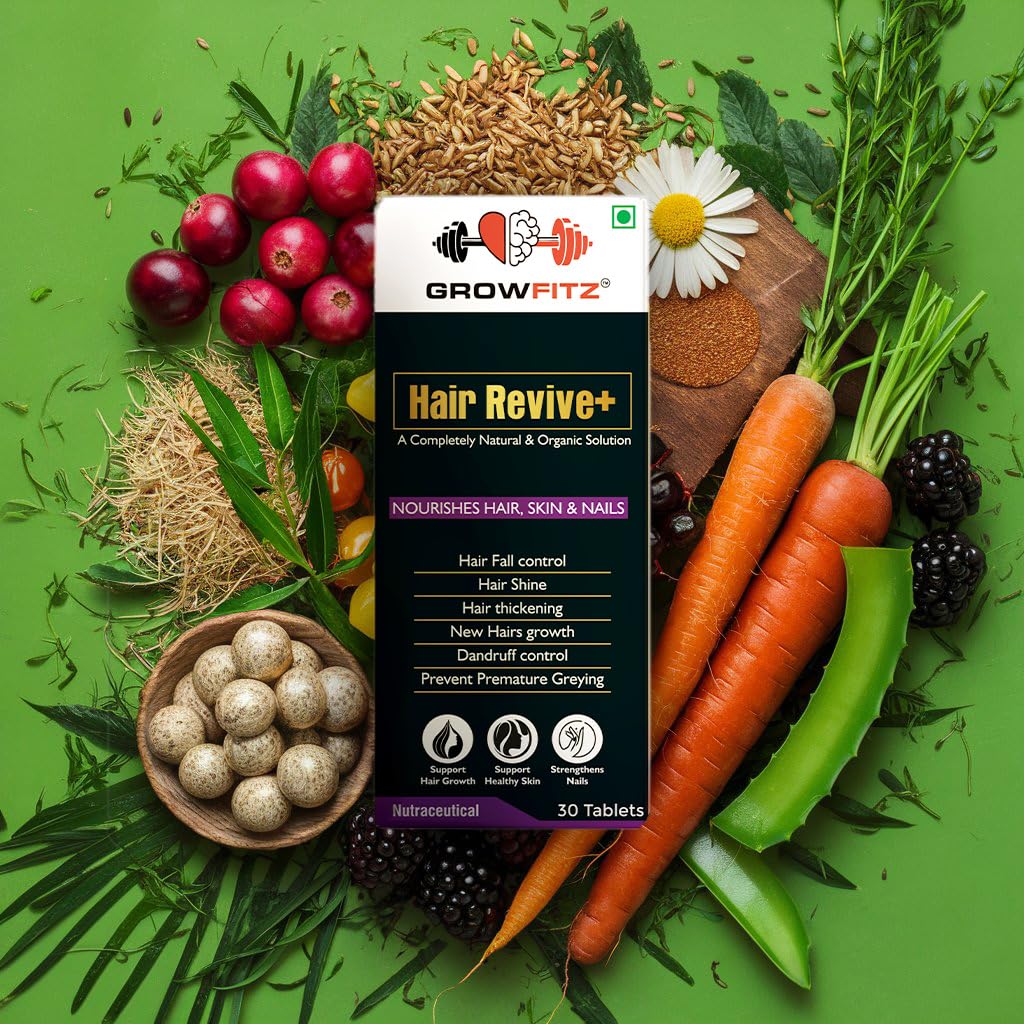 Growfitz Hair Revive+ | Ayurvedic & 100% Natural | Hair Growth, Skin, Nails | For Men & Women - 30 veg tablets (Pack of 1)