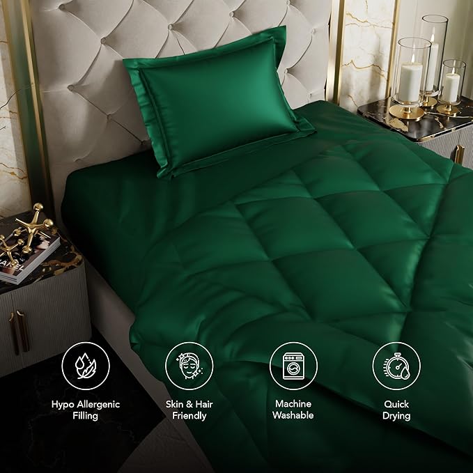 Stoa Paris Satin Comforter Single Bed with 300 TC One Pillow Cover Colour Emerald Green
