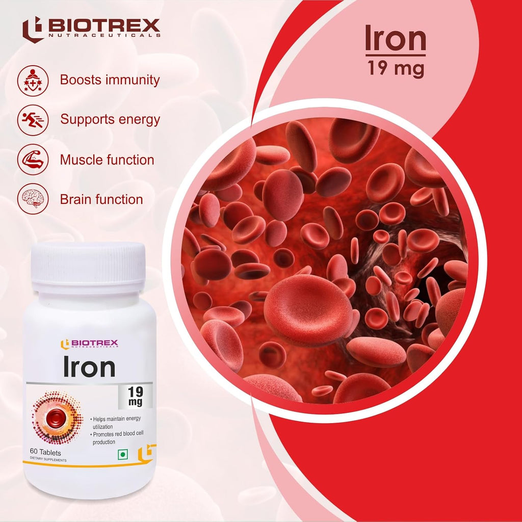 Biotrex Nutraceuticals Iron 19mg (As Ferrous fumarate) | Boosts immunity, Supports energy, Brain function & Muscle function | For Both Men & Women - 60 Tablets