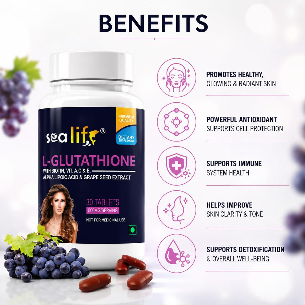 Sea Life Glutathione Tablets With Biotin, Vitamin A, C, E, Alpha Lipoic Acid, and Grape Seed Extract | for Healthy & Radiant Skin for Men & Women 30 Tablets