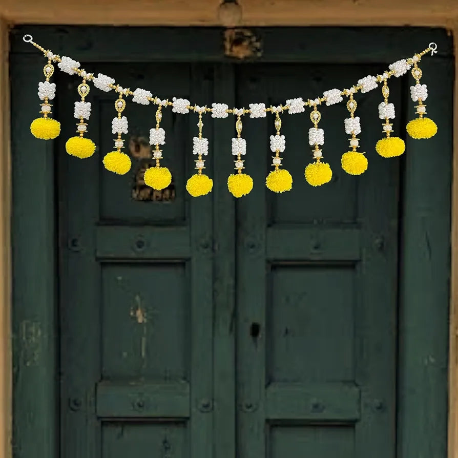 Handcrafted Decorative Bandanwar with Yellow Marigold Flowers Jasmine & Beads 40x9 Inches