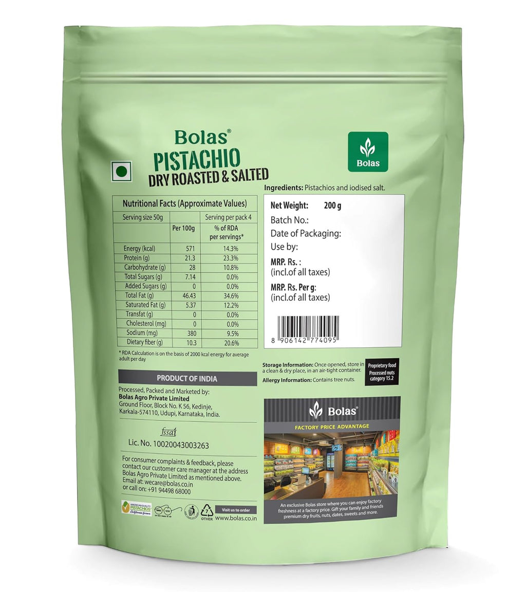 Bolas Roasted & Salted California Pistachios 200g | Pista | Rich in Protein, Phosphorus & Dietary Fibre | Low Calorie | Crunchy Healthy Snack | Dry Fruits