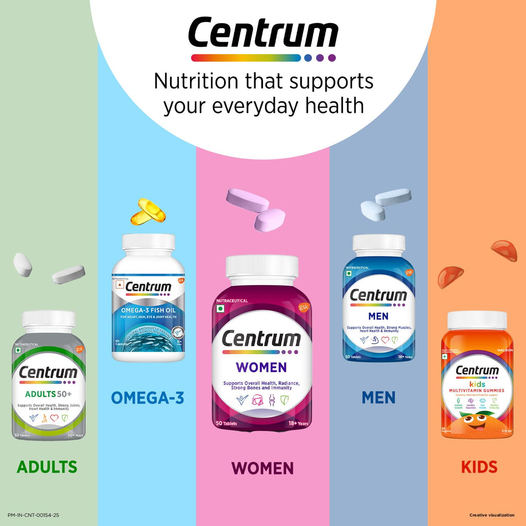 Centrum Women -Multivitamin Tablet for Women|With 23 Vital Nutrients including Zinc,Magnesium,Vitamin B,C,D, Calcium for Energy, Immunity,Radiance,Strong Bones and Overall Health|Veg - 50 tablets