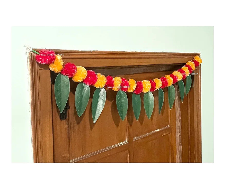 Artificial Marigold &Mango Leaves Simple Door-Window Toran Light Orange and Red