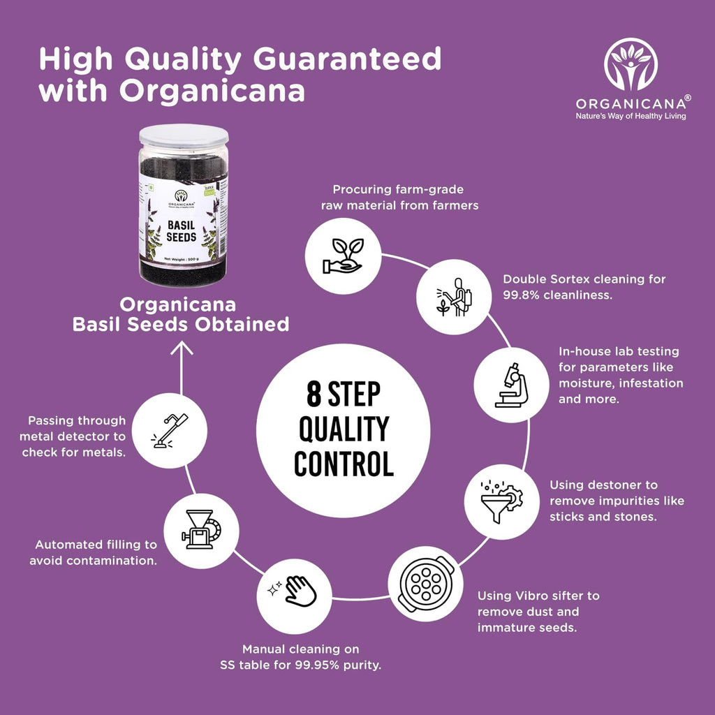Organicana Basil Seeds 500gm (Pack of 1) Sabja Seeds - Beat the Summer Heat Nutrient-Rich, Pure Basil Seeds For Healthy Drinks, Smoothies, And Recipes Tukmaria Seeds for Weight Management