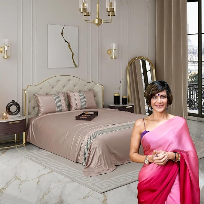 Stoa Paris Bedsheets for Double Size Bed Satin Bedsheet Set Colour Estate-Champagne