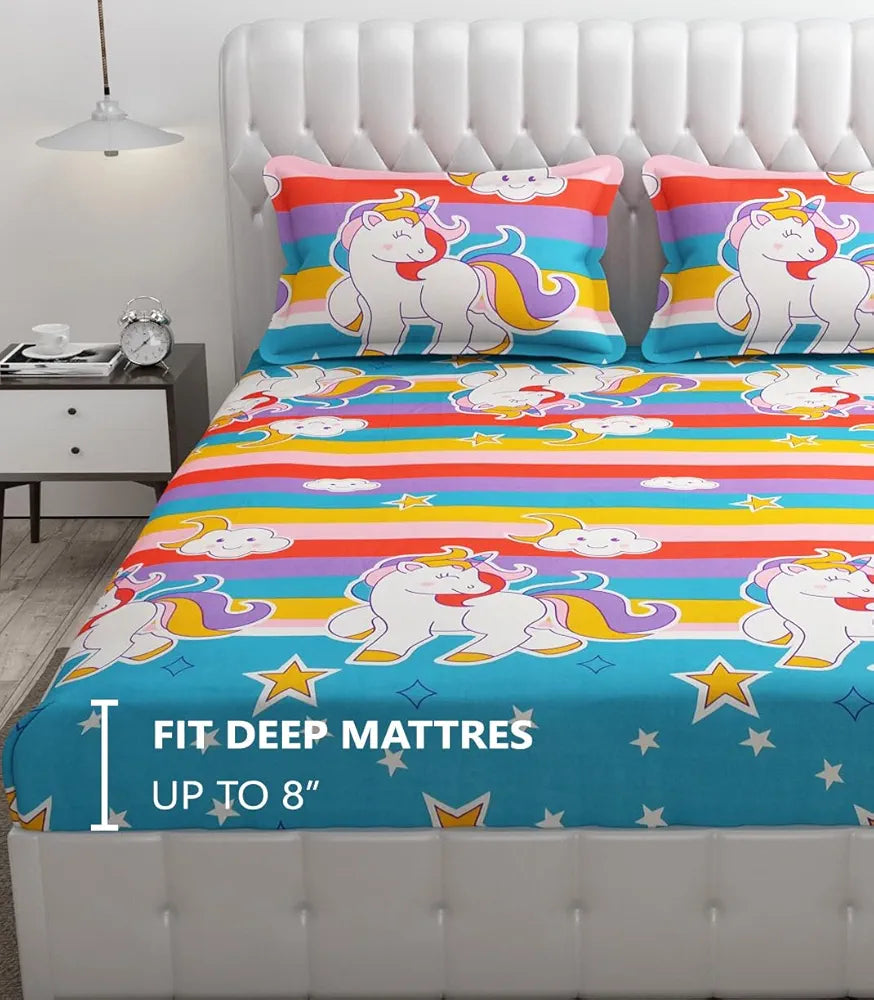 Fresh From Loom Cartoon 300 TC Wrinkle Free Glace Cotton Elastic Fitted Bedsheet for Kids with Two Pillow Cover Queen Unicorn Multicolor