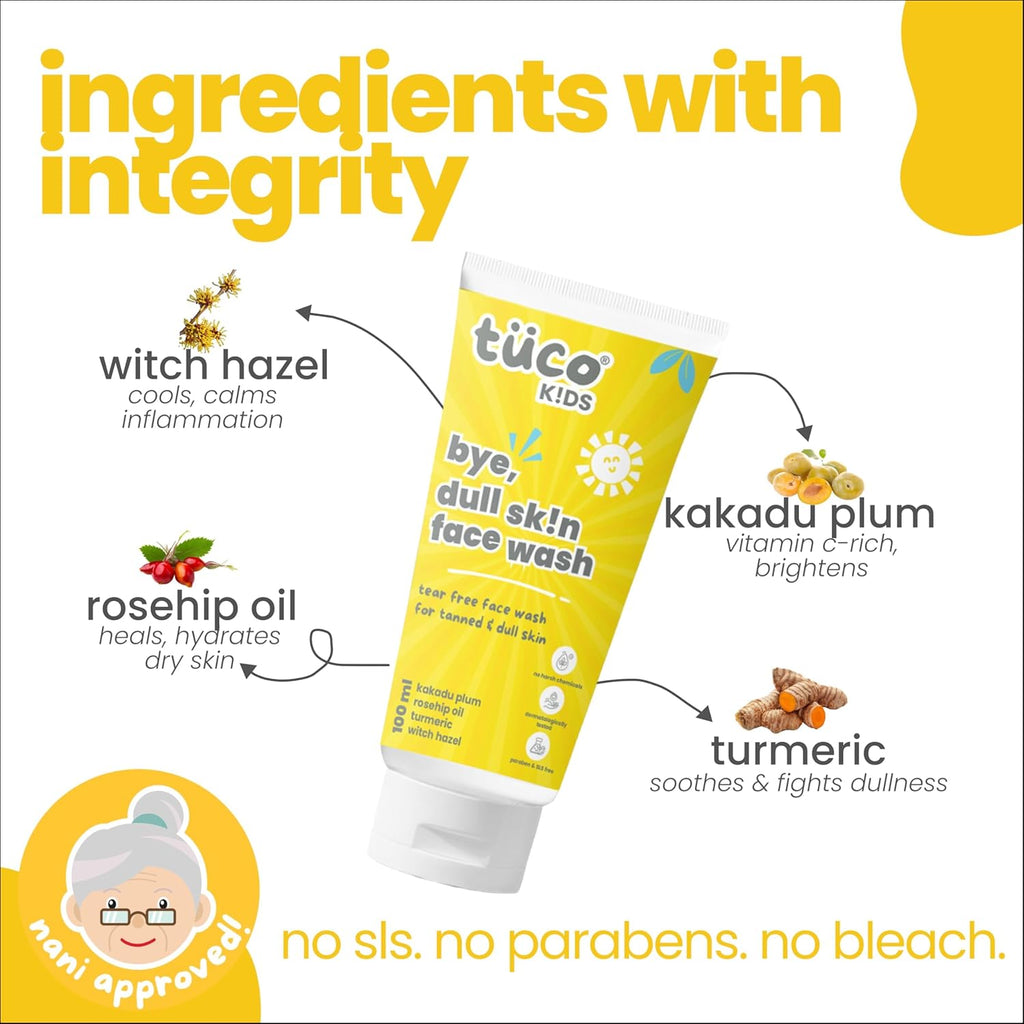 Tuco® Kids Face Wash | Perfect for Dull Skin | Infused with Turmeric, Kakadu Plum, Rosehip Oil, Safflower Oil, Witch Hazel | Ages 2-5, 4-10, 10-15, 5-10 Years | Paraben & Sulphate Free |100 ml (Pack of 1)