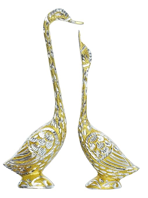 Ecraftindia Silver and Golden Metal Kissing Swan Couple Showpiece | Love Birds Statue