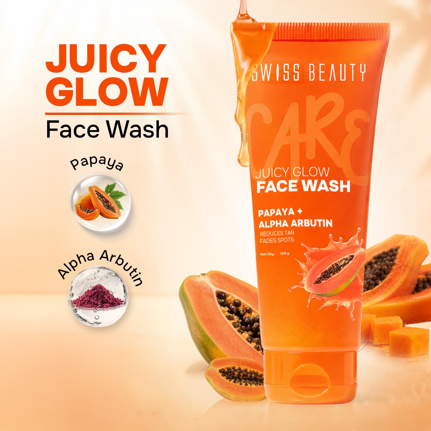 Swiss Beauty Care Juicy Glow Face Wash | Papaya + Alpha Arbutin | Removes Dirt & Grime | Fades Tan & Spots | Nourishes & Hydrates - 100g