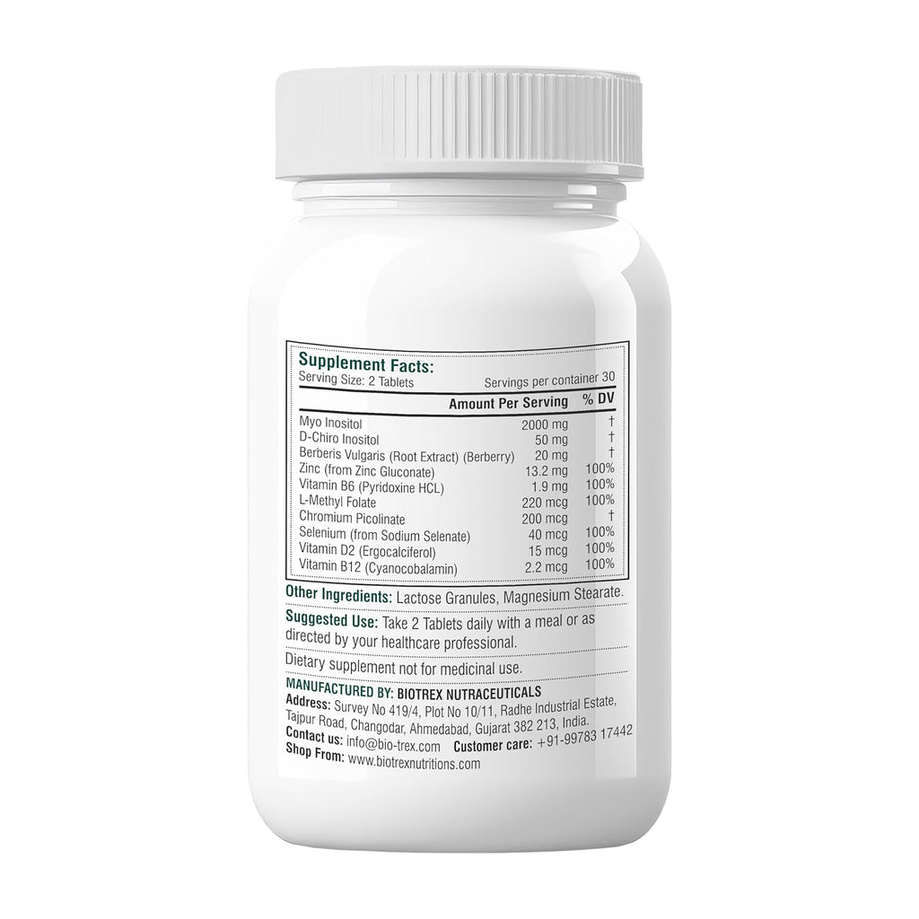 Biotrex Nutraceuticals PCOS Supplement for women with 40:1 Ratio, High Purity Pharma Grade Ingredients | 2000mg Myo Inositol to 50mg D Chiro Inositol | Ovarian Support | Normalize Cycle | 60 Vegetarian Tablets