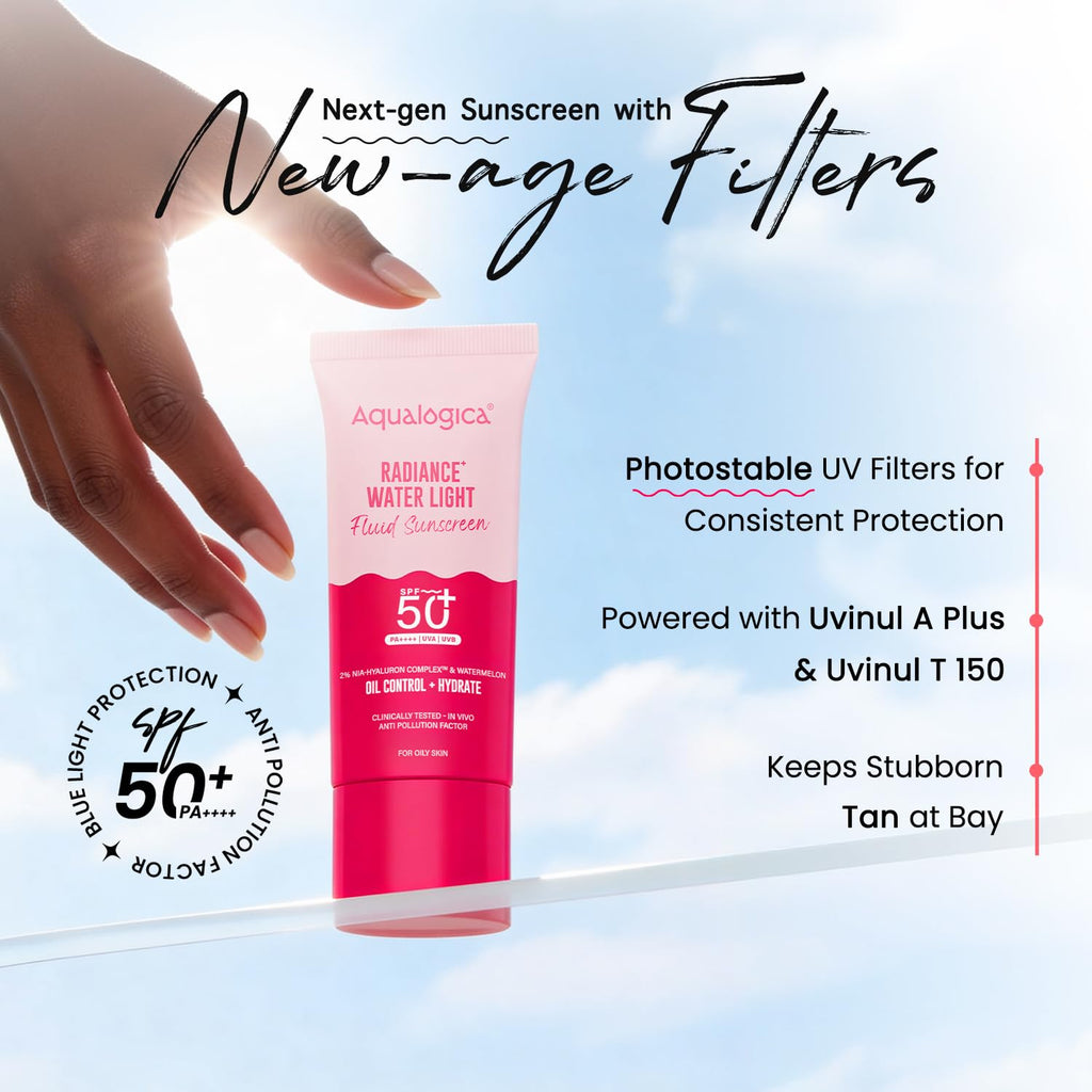 Aqualogica Radiance+ Water Light Fluid Sunscreen SPF 50+ PA++++, 25g | 2% Nia-Hyaluron Complex | Broad Spectrum UVA/UVB & Blue Light Protection | Fragrance-Free | No White Cast | Ultra-Lightweight | Travel Friendly | For Men & Women