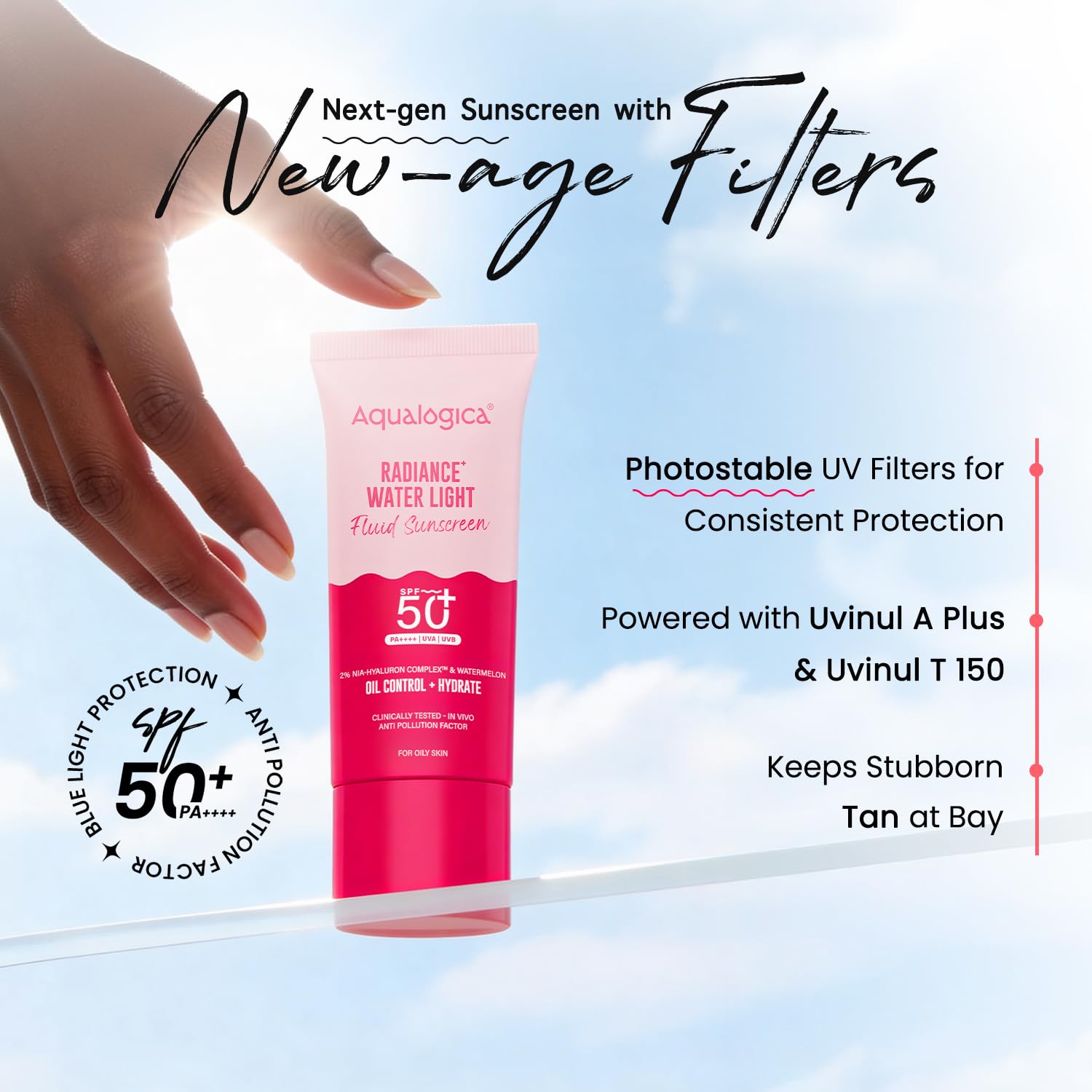 Aqualogica Radiance+ Water Light Fluid Sunscreen SPF 50+ PA++++, 25g | 2% Nia-Hyaluron Complex | Broad Spectrum UVA/UVB & Blue Light Protection | Fragrance-Free | No White Cast | Ultra-Lightweight | Travel Friendly | For Men & Women