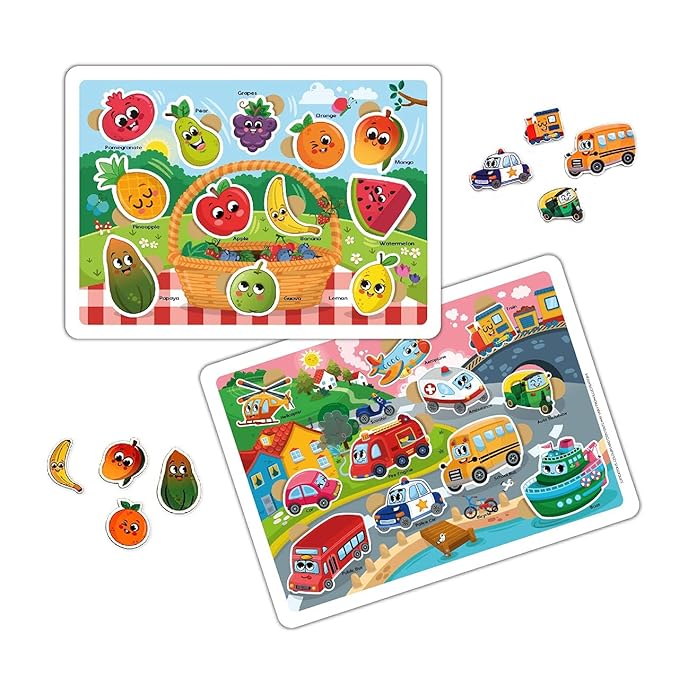 Mini Leaves 2 Wooden Puzzles | Fruits Transport Combo Wooden Puzzle for 3-6 Years | Educational Puzzle Game