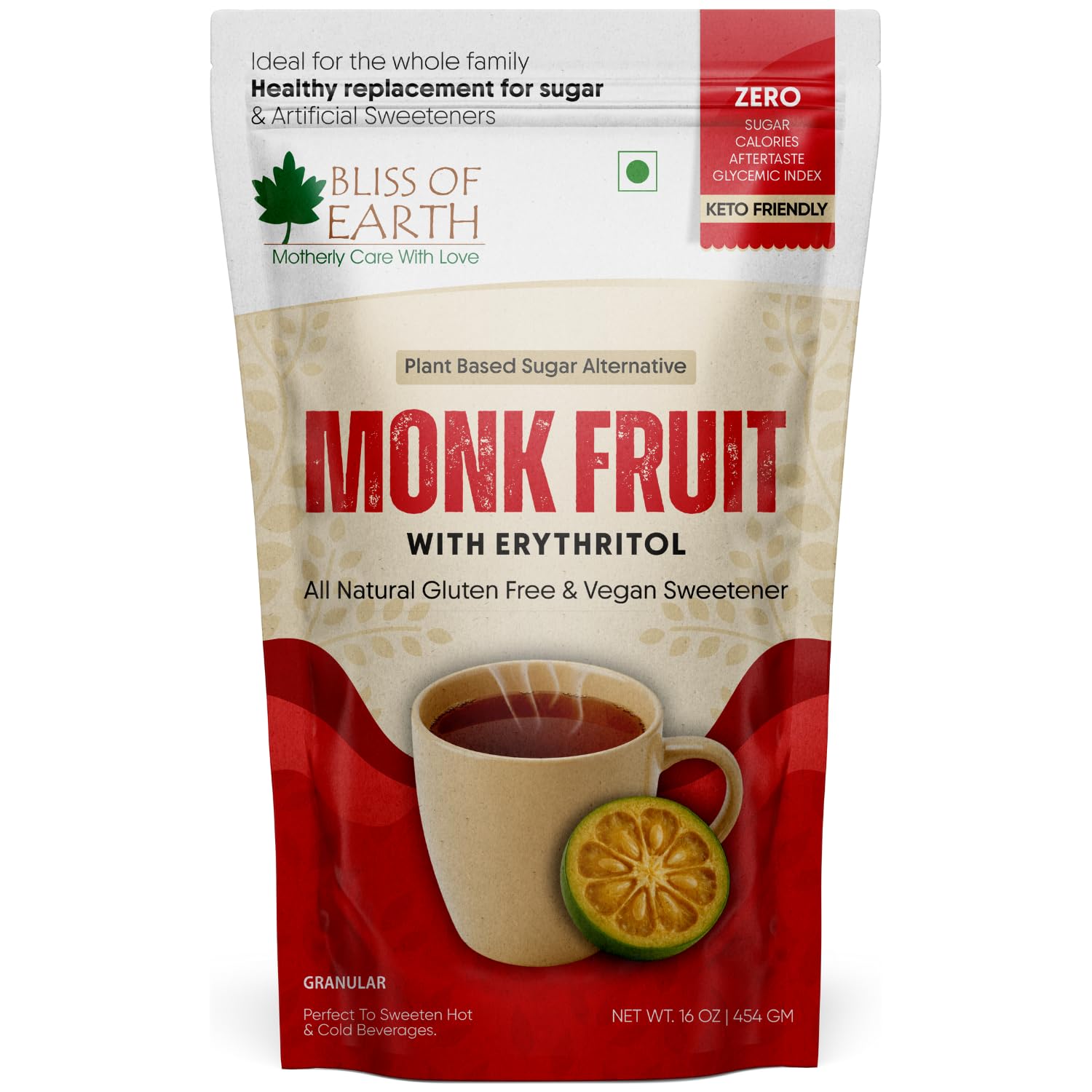 Bliss of Earth Monk Fruit Sweetener with Erythritol 1 lb (454g), 1:1 Zero Calorie Sugar Alternative, Keto Friendly, No Aftertaste, Zero Glycaemic Natural Sweetener,