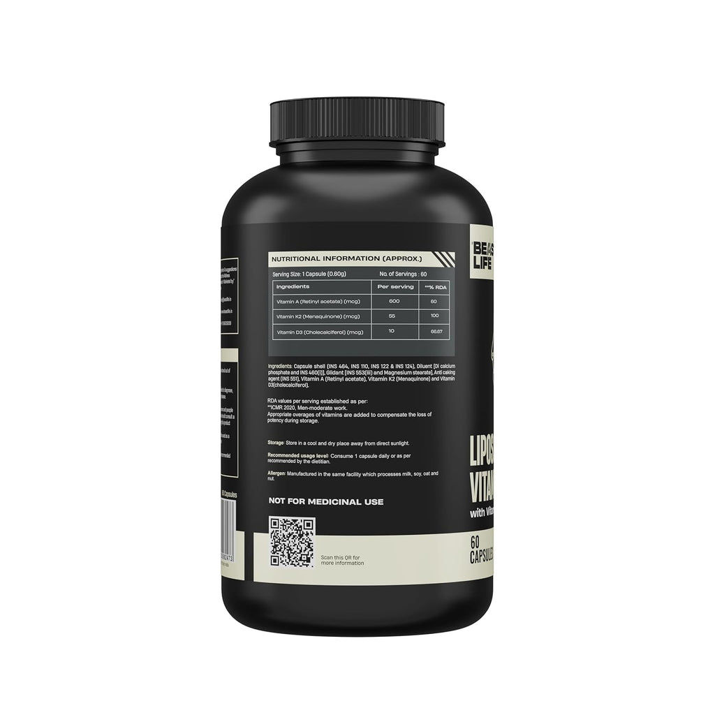 BeastLife Liposomal Vitamin D3 Plus with Vitamin A & Vitamin K2 | for Immune Support, Bone Health & Absorption | Skin Support | Calcium Utilization & Arterial Health |Max Bioavailability | 60 Capsules