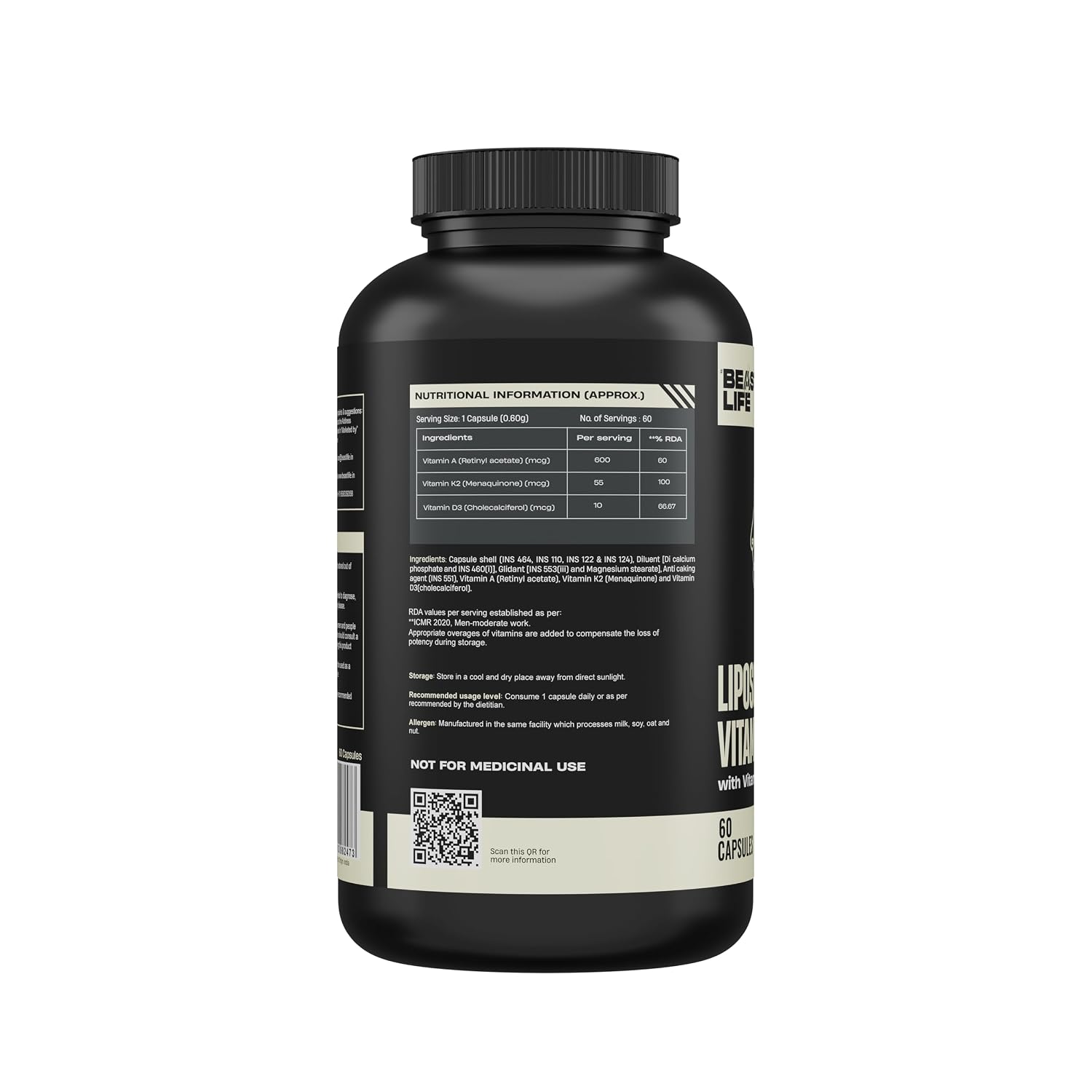 BeastLife Liposomal Vitamin D3 Plus with Vitamin A & Vitamin K2 | for Immune Support, Bone Health & Absorption | Skin Support | Calcium Utilization & Arterial Health |Max Bioavailability | 60 Capsules