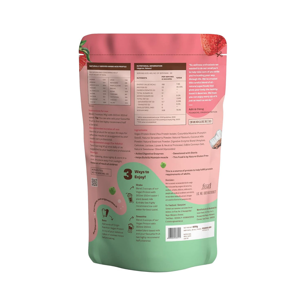 Origin Nutrition Natural Vegan Protein Powder Strawberry Flavour - 830 gms