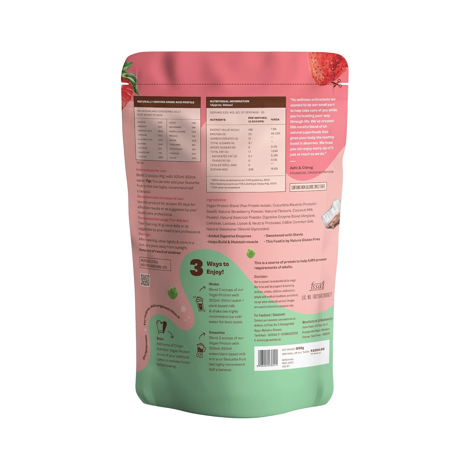 Origin Nutrition Natural Vegan Protein Powder Strawberry Flavour - 830 gms