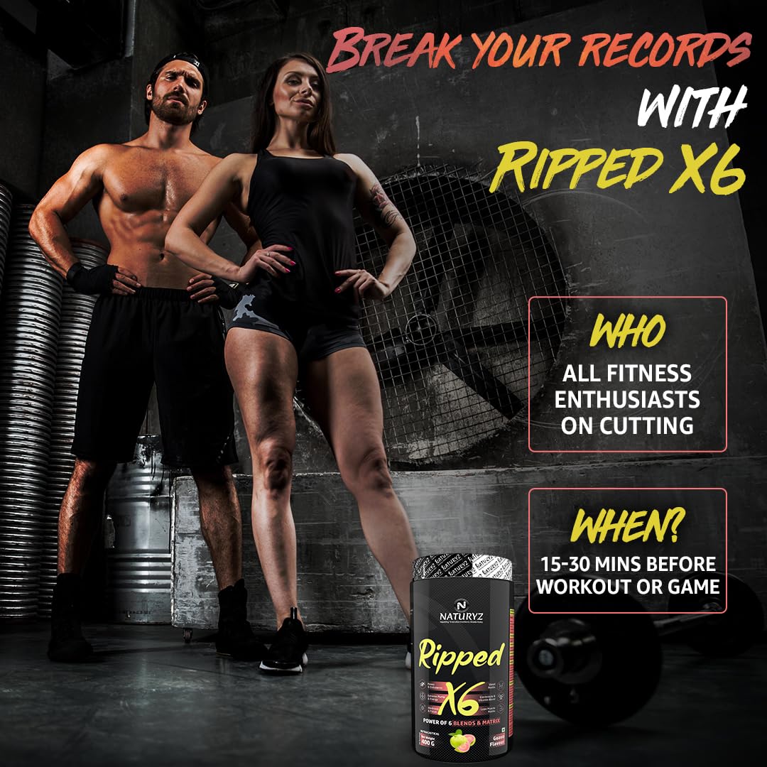 Naturyz Ripped X6 Pre Workout With Highest 24 Nutrients For Extreme Pump,Power,Endurance,Energy,Focus, For Fitness Enthusiasts,Athletes & Bodybuilders- 400 grams (Guava Flavour) - Powder, 1 count