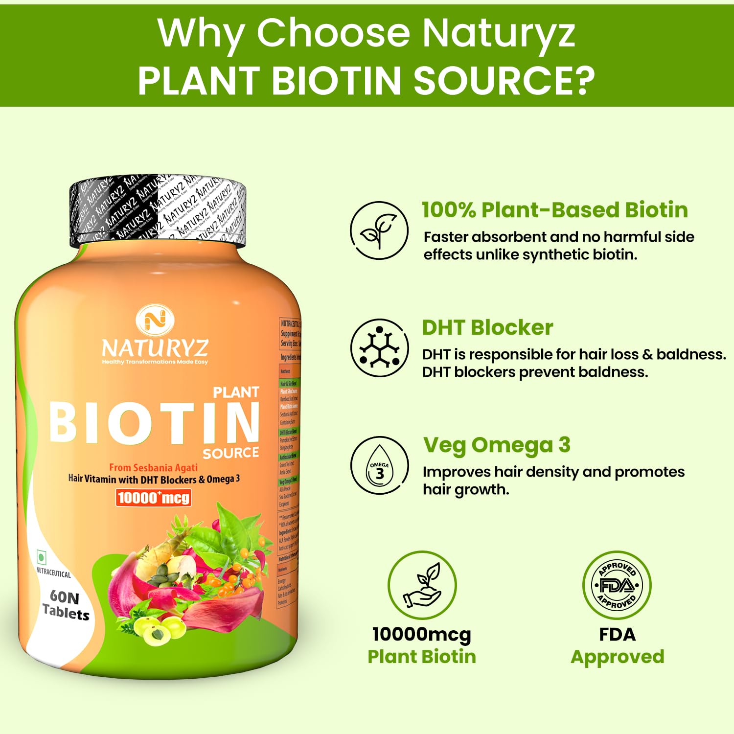 NATURYZ 100% Plant Based Biotin Tablets with High Protein Vitamin DHT Omega 3 for Strong Hairs,Nails Growth & Glowing Skin - 60 Tablets, 100 grams