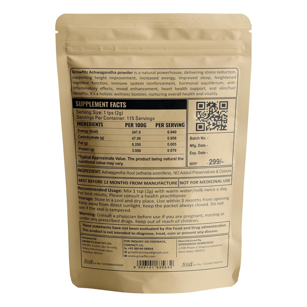 Growfitz 100% Organic Ashwagandha Powder 230g | Withania Somnifera | Energy Boost, Anxiety & Stress Relief, Height Improvement, Immunity System | ISO Certified | Vegan, Gluten-Free | Pack of 1