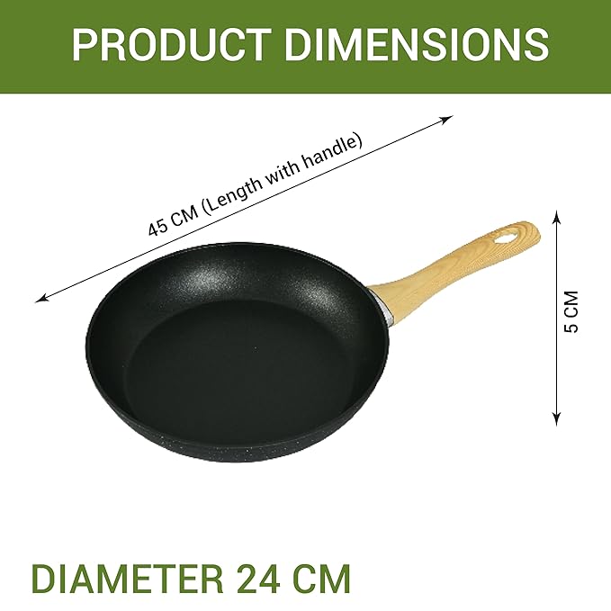 Femora Foged Die Cast Aluminium Non Stick 24 Cm Frypan With Wood Finish Handle | Granite Finish | Induction & Gas Ready