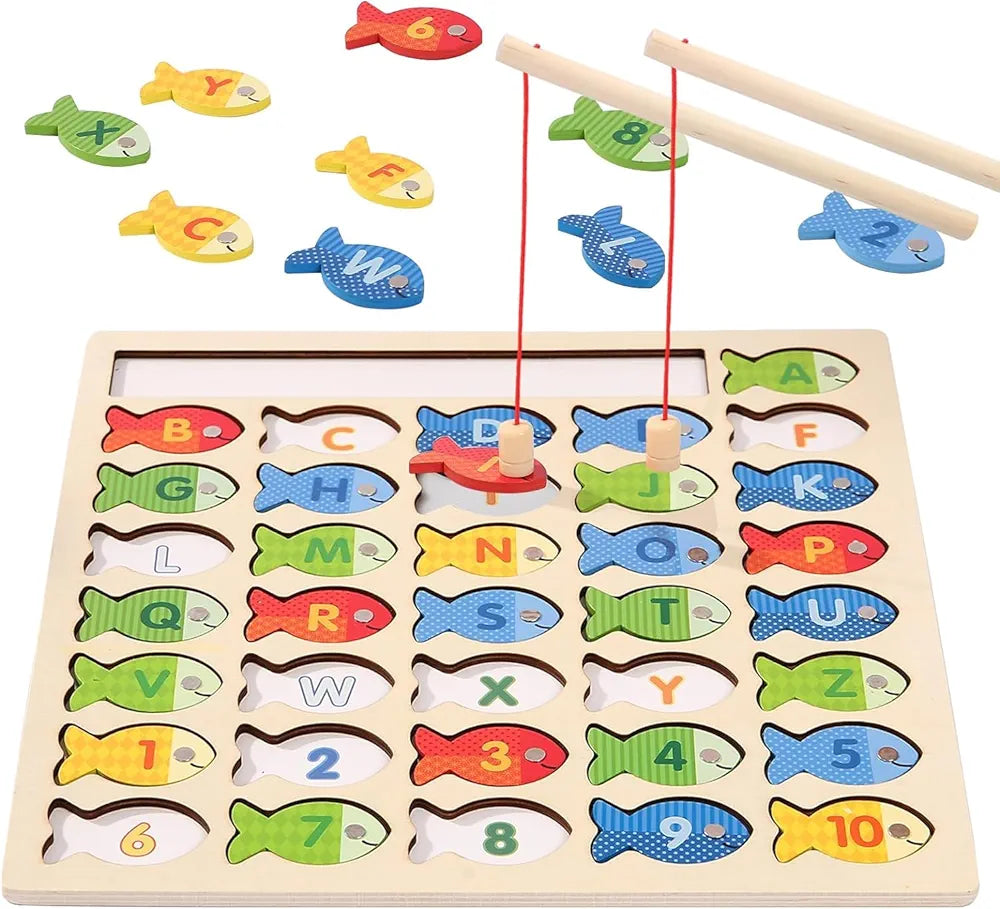 Lefan Wooden Magnetic Fishing Game for Toddlers, Montessori Fine Motor Skills Toy with Letters and Numbers, Preschool Learning ABC and Puzzle Birthday Toys Gift for 3 4 5 6 7 8+ Year Old Kids