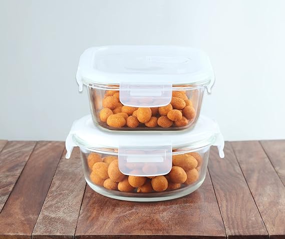 Femora Borosilicate Glass Storage Containers for Kitchen With Air-tight Lids | Set of 2 | 300 Ml Square & 380 Ml Round | Clear