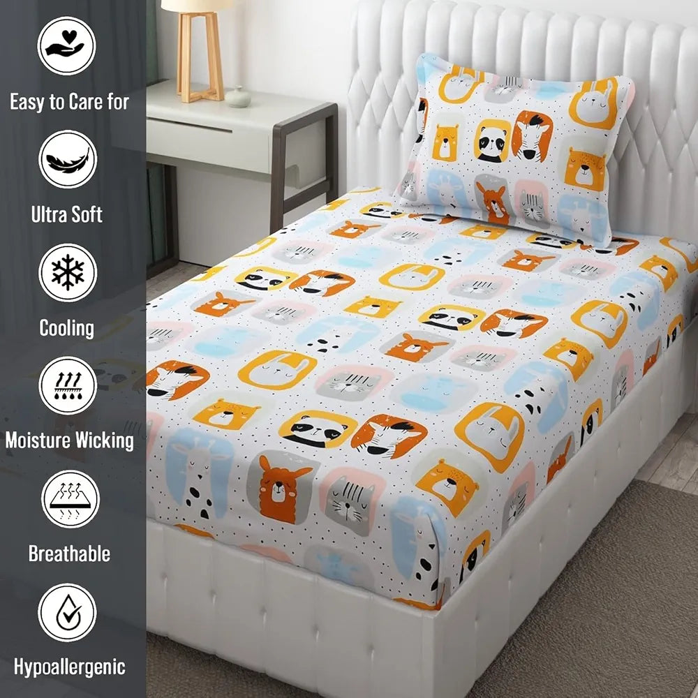 Fresh From Loom Glace Cotton 300 tc Elastic Fitted Cartoon Printed Cream Panda Smallsingle