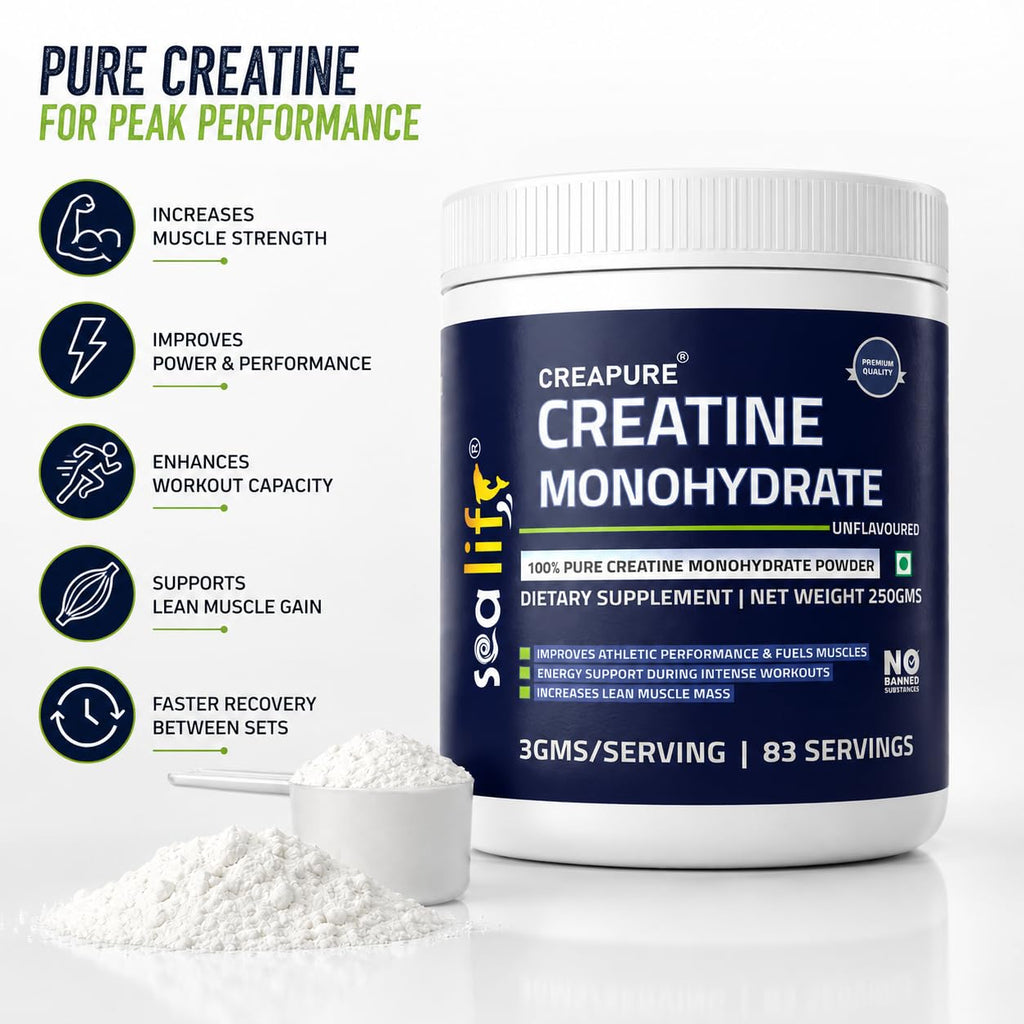 Sea Life Creatine Monohydrate |100% Pure Creatine Powder 250gm,83 Servings |Improves Athletic Performance & Fuels Muscles |Lean Muscle Building Supports | Muscle Repair & Recovery | Creapure Creatine