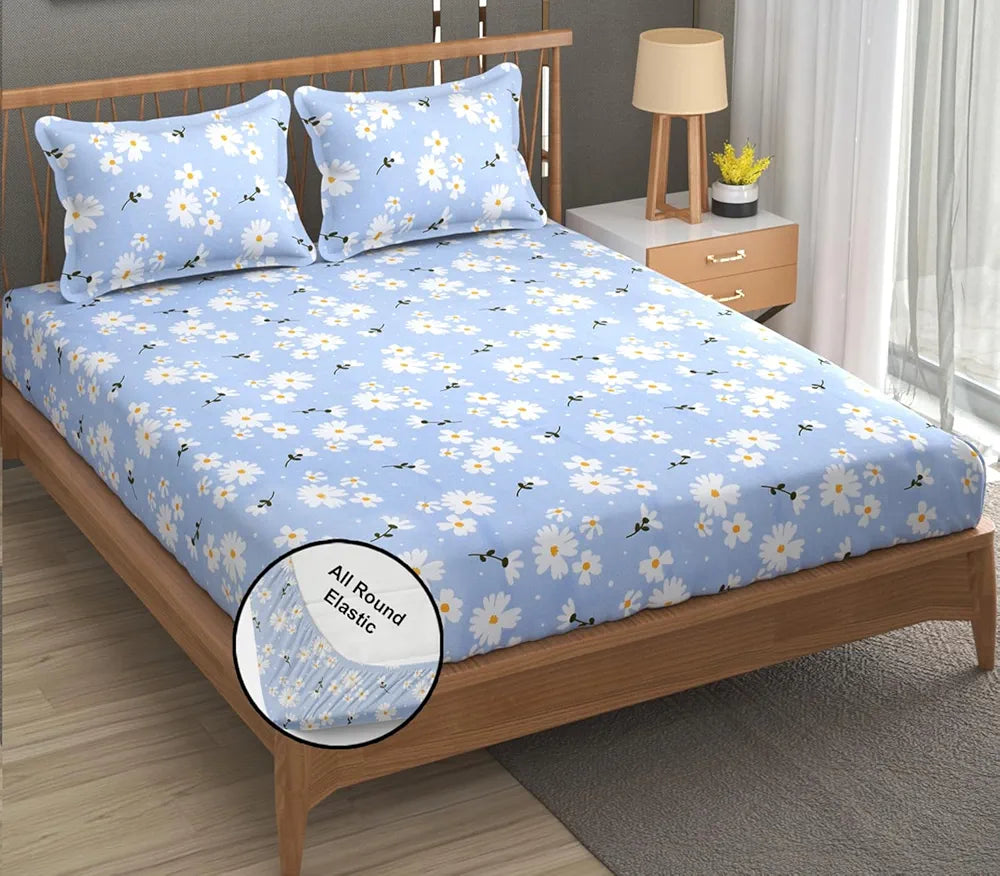 Fresh From Loom Soft Microfiber Floral Print King Size Fitted Bedsheet 240 TC 2 Pillow Covers Casper Blue