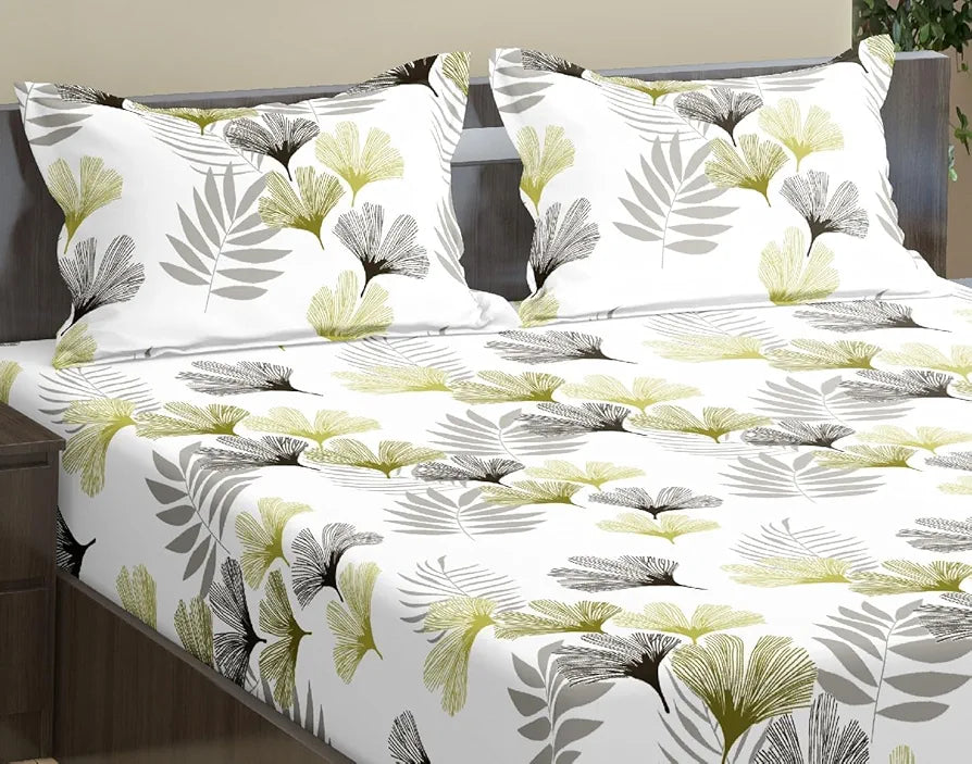 Trance Home Linen 100% Cotton 180 TC 78"X72" Standard King Size Elastic Fitted Bedsheet Printed King Bed Size With 2 Pillow Covers Colour Paradise Green